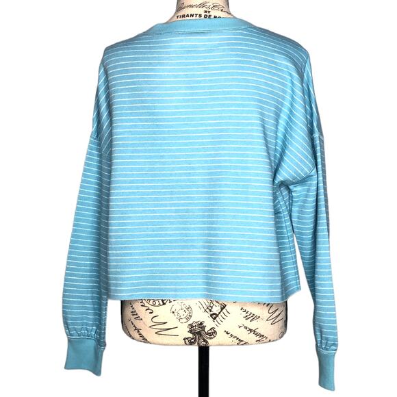 Flirtitude Active SMALL Lightweight Blue Striped Raw Hem Cropped Sweatshirt - Picture 5 of 10